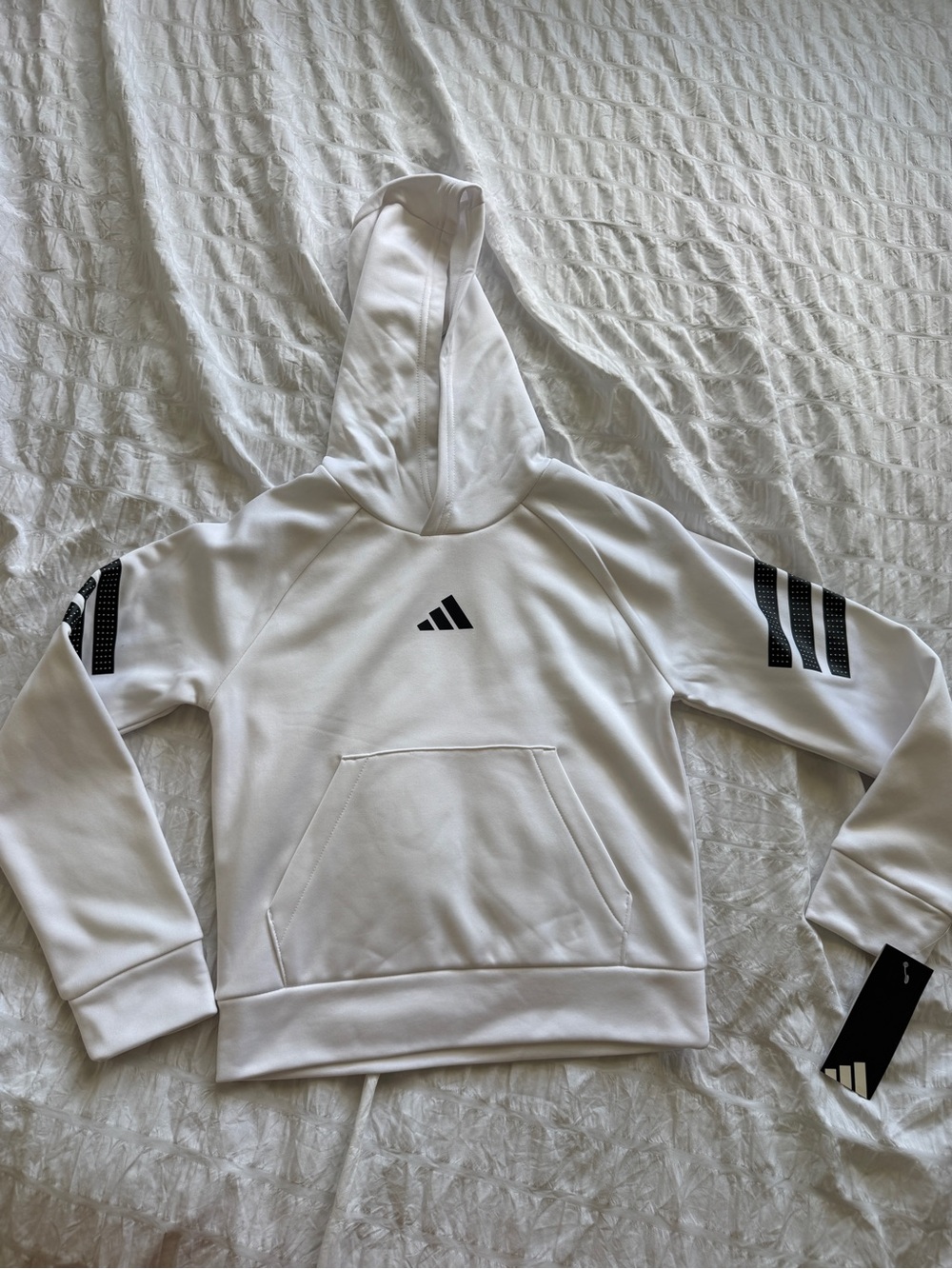adidas White Hoodie SMALL with Black Three-Stripe Sleeve Details